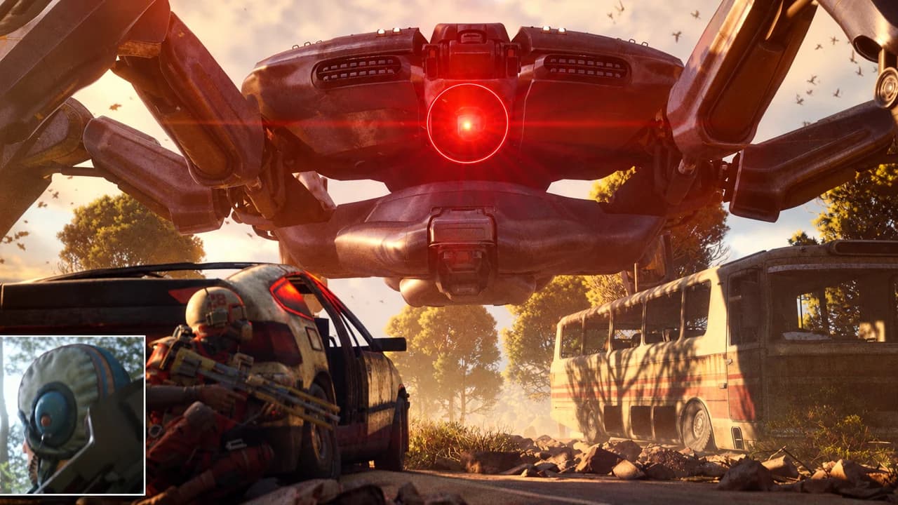 ARC Raiders thumbnail: close-up of a giant ARC machine's red eye above a raider behind a car, a raider helmet in a corner inset, no text
