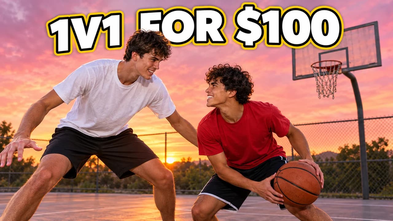 Basketball thumbnail: a player in a white T-shirt guarding a player in red with the ball on an outdoor court at sunset, text 1V1 FOR $100