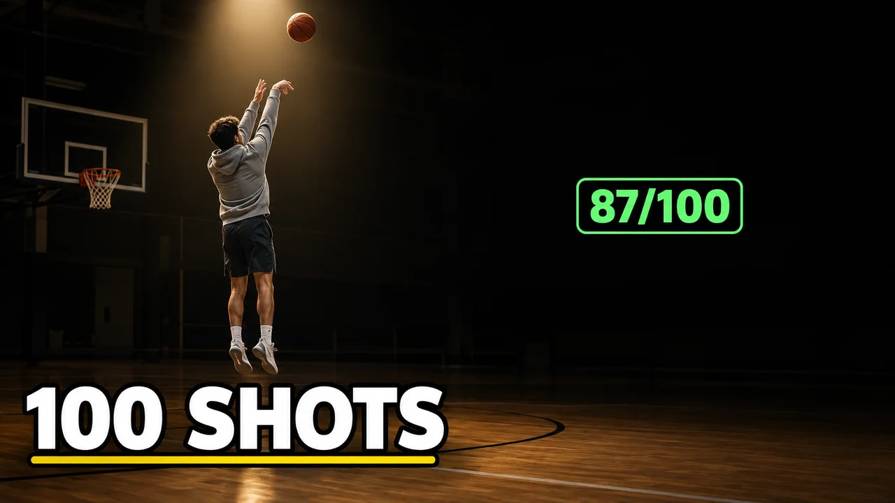 Basketball training thumbnail: a player shooting alone in a dark gym under one spotlight, a counter reading 87/100, text 100 SHOTS