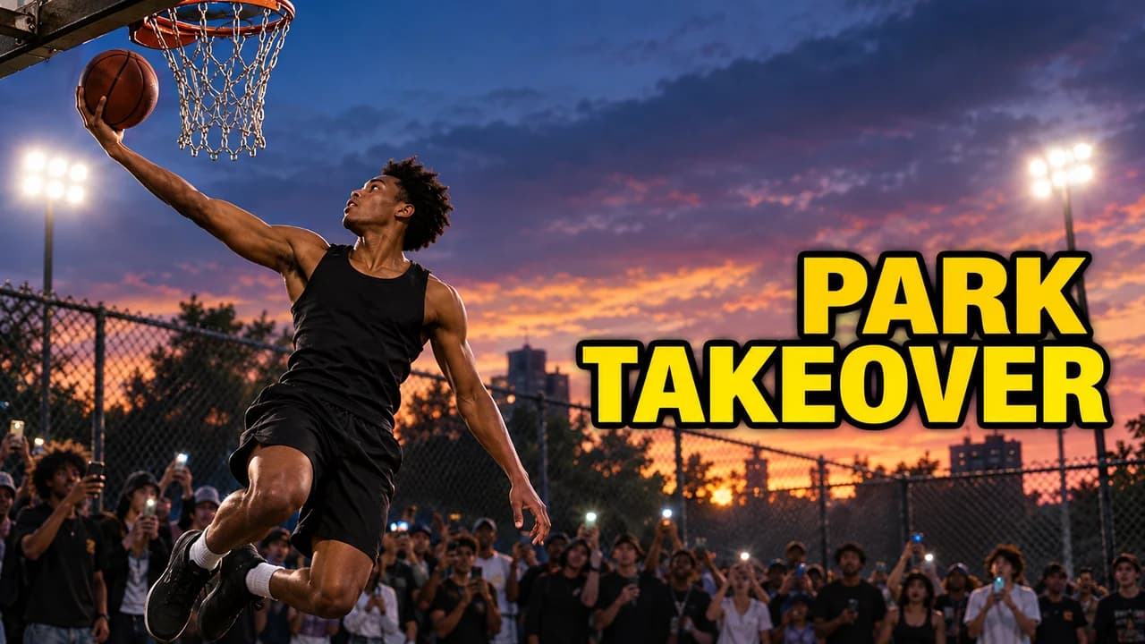 Streetball thumbnail: a player rising for a layup at a park court as a crowd films with phones under floodlights, text PARK TAKEOVER