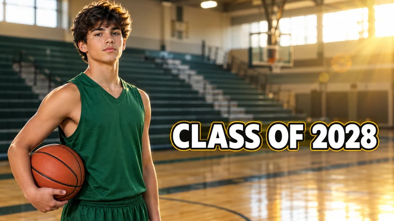 Basketball mixtape thumbnail: a confident teenage guard in a green jersey holding the ball in a high school gym, text CLASS OF 2028