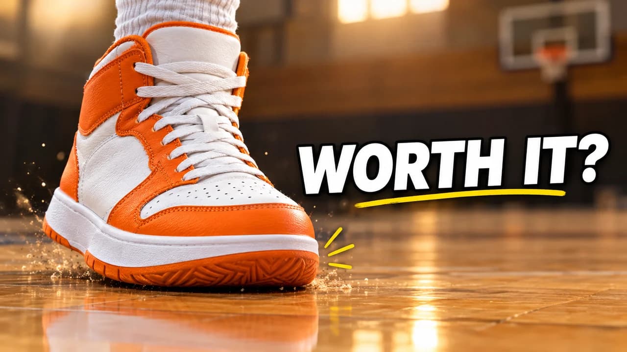 Basketball shoe test thumbnail: extreme close-up of a plain white and orange sneaker planting on a gym floor, text WORTH IT?