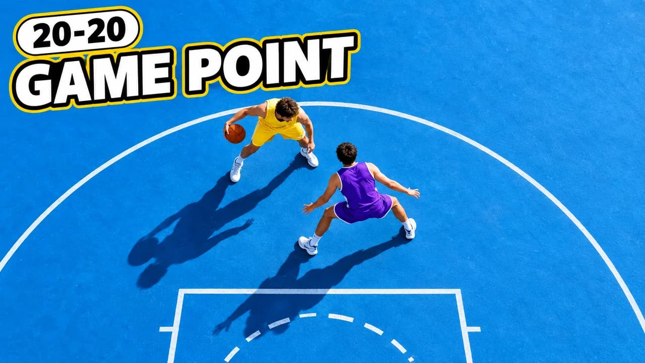 Basketball 1v1 thumbnail: top-down view of a player in yellow driving on a defender in purple on a blue court, score bubble 20-20, text GAME POINT