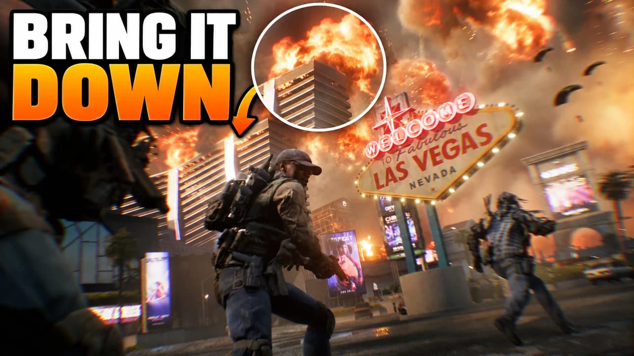 Battlefield 6 thumbnail: soldiers by the Welcome to Las Vegas sign while a hotel tower burns, the fire zoomed in a circle, text BRING IT DOWN