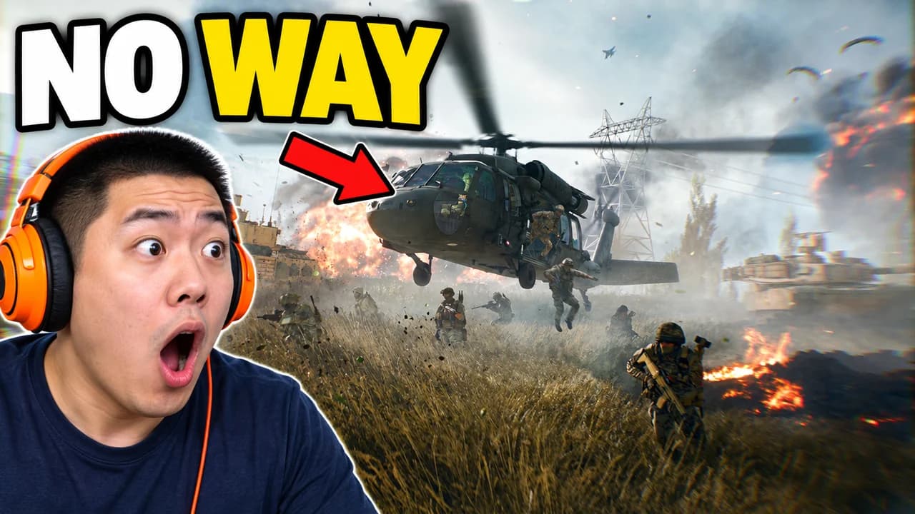 Battlefield 6 thumbnail: an invented streamer in an orange headset gasping, an arrow on a helicopter dropping soldiers in a burning field, text NO WAY