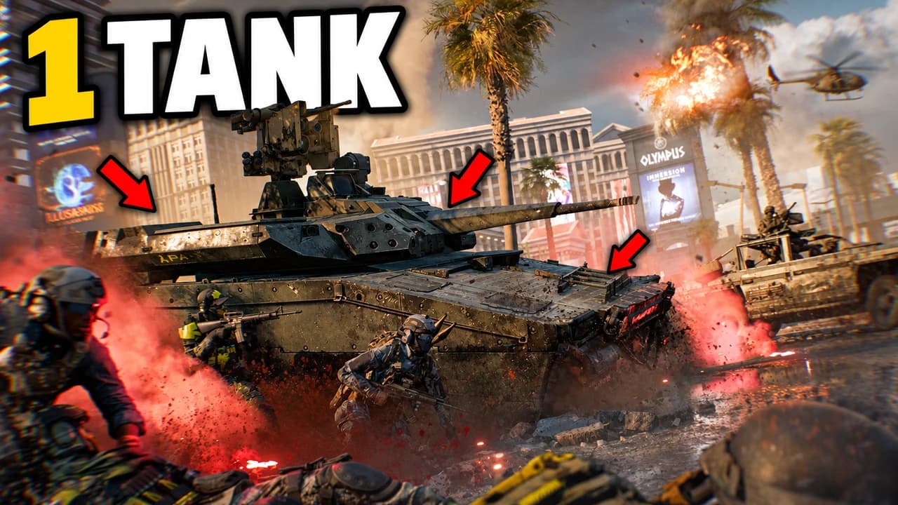 Battlefield 6 thumbnail: a tank on a Las Vegas street pointed out by red arrows, soldiers around it, palm trees and a helicopter, text 1 TANK