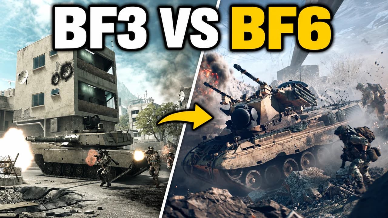 Battlefield 6 thumbnail: a Battlefield 3 tank in a city street on the left, a Battlefield 6 tank in rubble on the right, text BF3 VS BF6