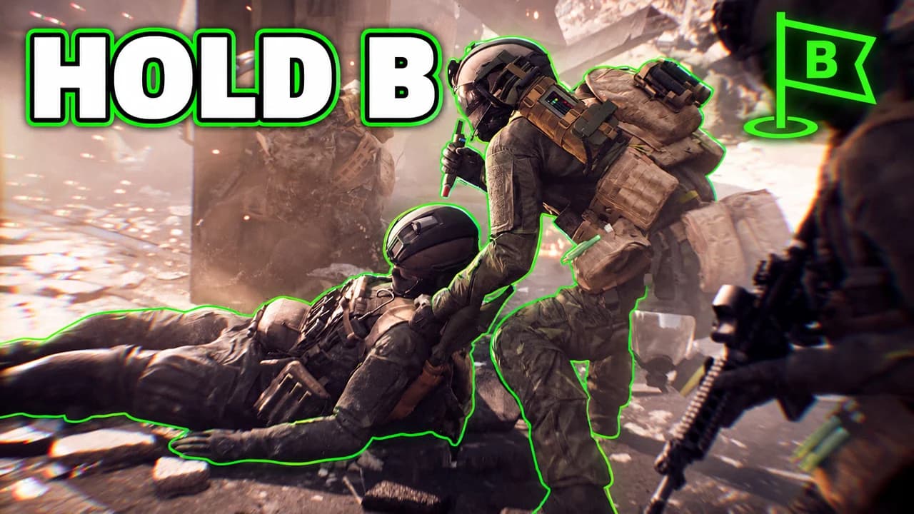 Battlefield 6 thumbnail: a soldier dragging a wounded teammate through rubble, both outlined in green, a green B flag icon, text HOLD B