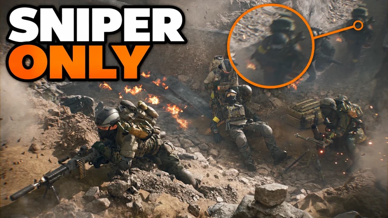 Battlefield 6 thumbnail: a squad fighting in a burning trench, one soldier aiming a machine gun, a distant enemy zoomed in a circle, text SNIPER ONLY