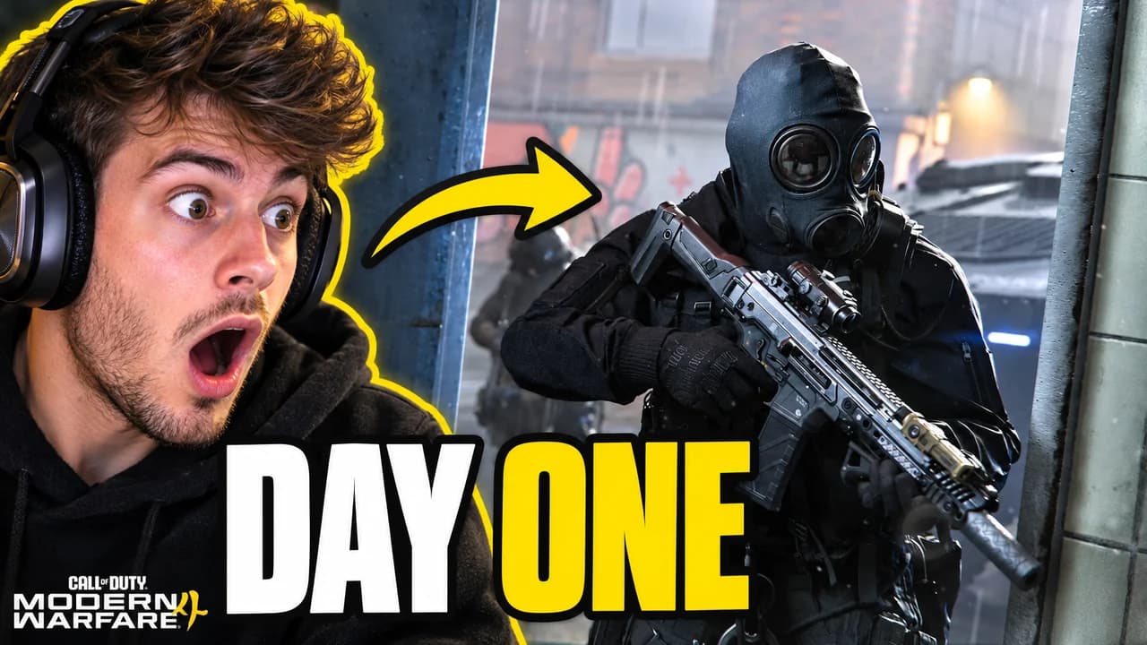 Call of Duty thumbnail: a streamer face cam amazed next to Modern Warfare 4 gameplay with Captain Price, small MW4 badge, text DAY ONE