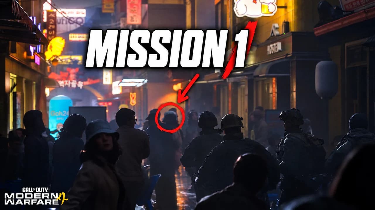 Call of Duty thumbnail: Private Park in a snowy Korean trench under a red flare in the MW4 campaign, text MISSION 1