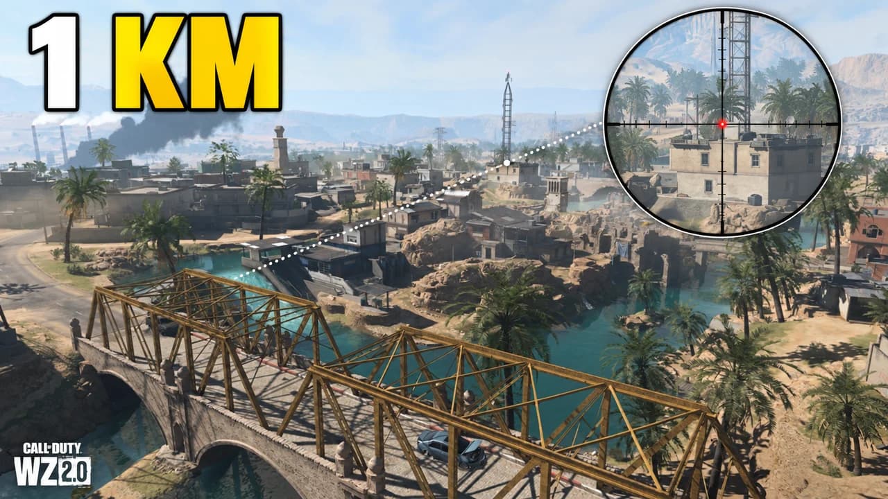 Call of Duty thumbnail: photorealistic sniper scope view across Verdansk at dawn with a tiny red enemy diamond, text 1 KM