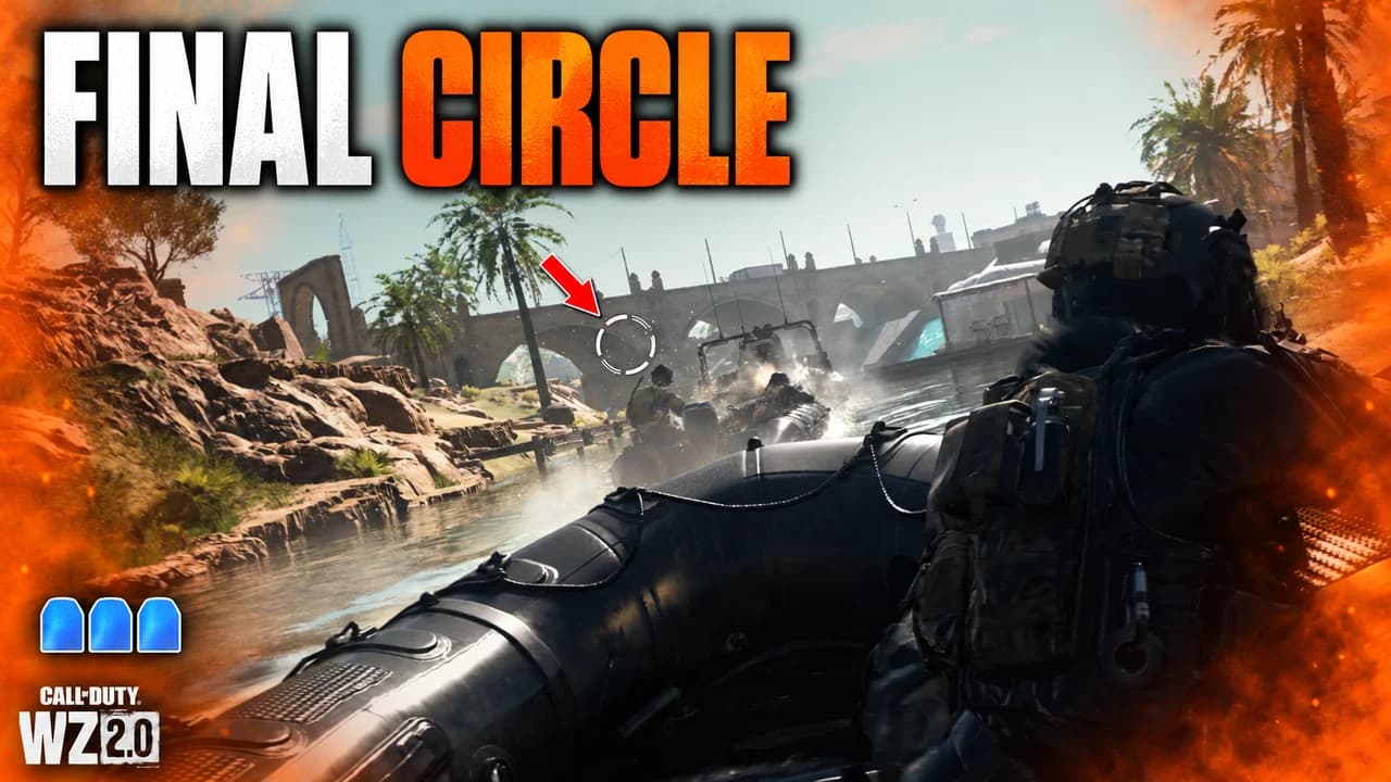 Call of Duty thumbnail: Warzone final circle on Verdansk with the orange gas wall closing in and a red arrow on the last enemy, text FINAL CIRCLE