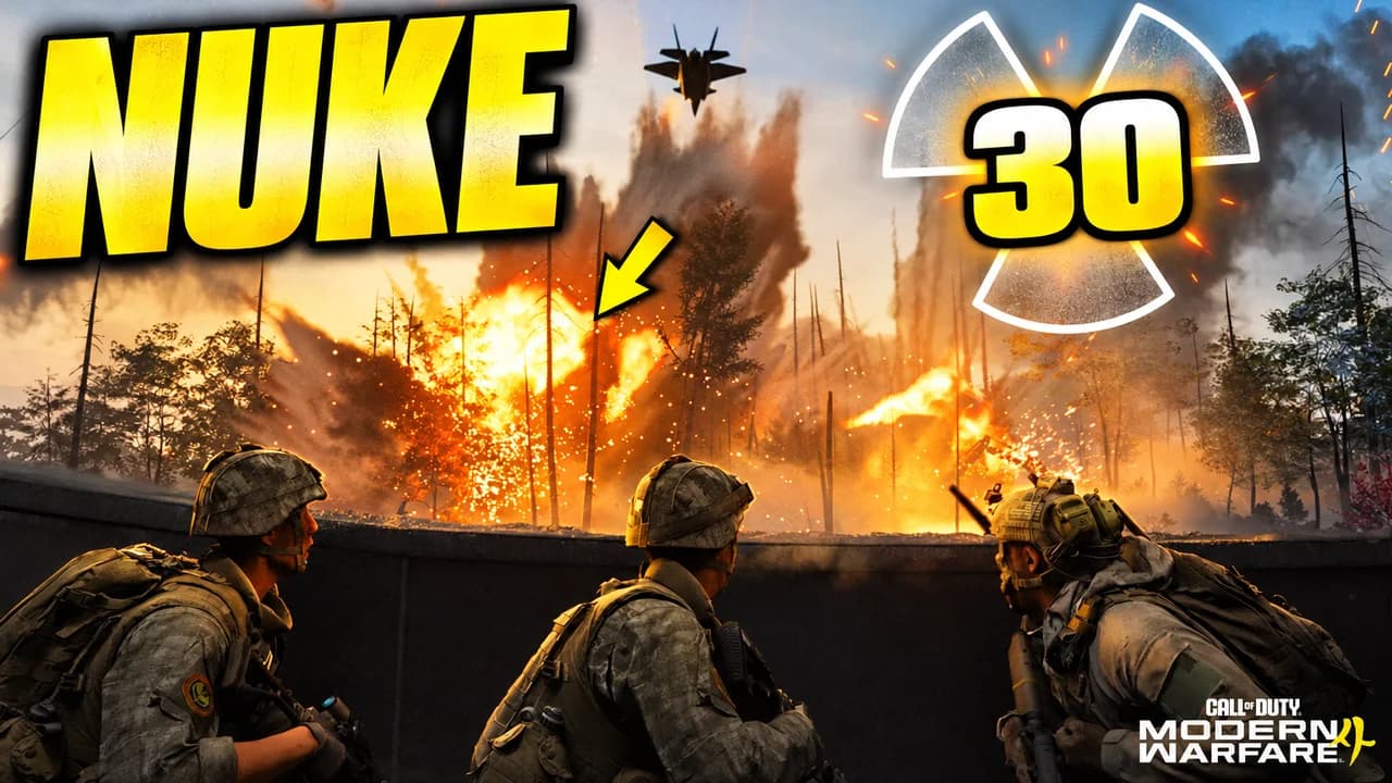 Call of Duty thumbnail: an operator seen from behind as a huge orange nuke glow rises over a multiplayer map, text NUKE