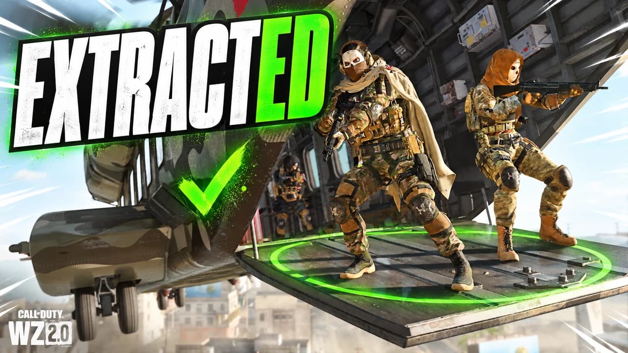 Call of Duty thumbnail: a DMZ operator with a heavy backpack sprinting to an exfil helicopter through green smoke in Hajin, text EXTRACTED