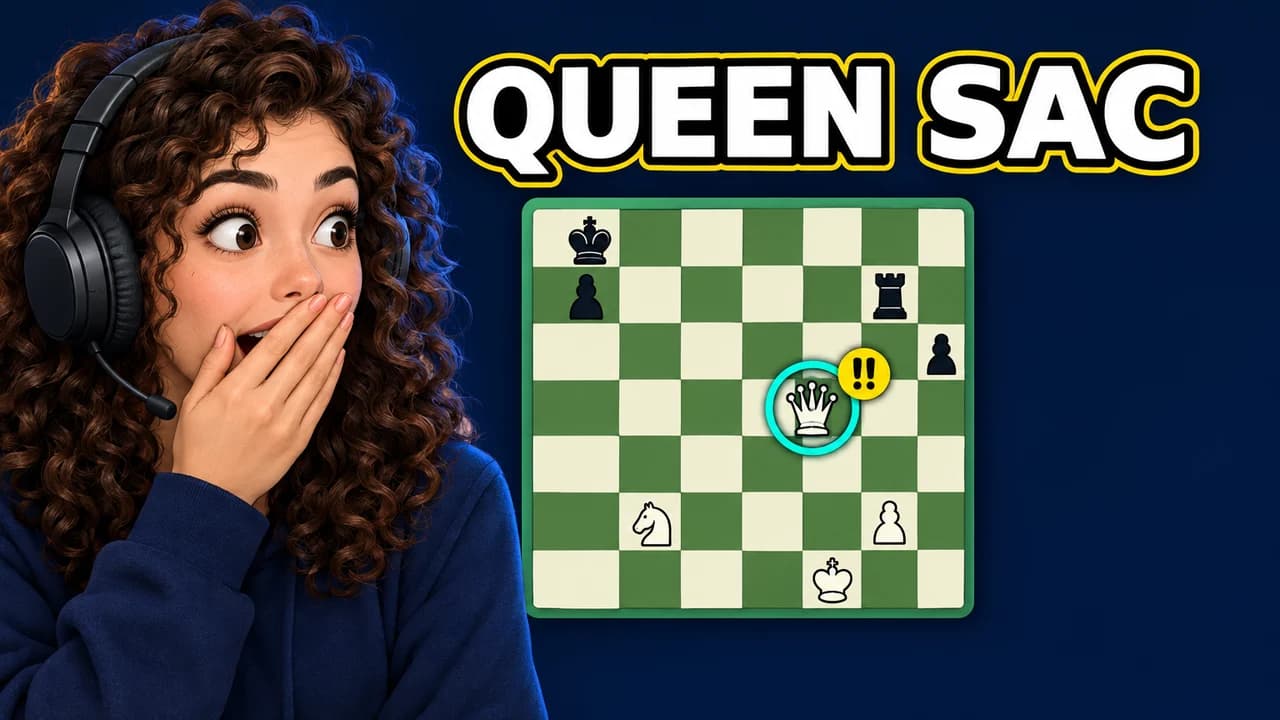 Chess thumbnail: a young woman on the left covering her mouth in awe beside a board with a queen sacrifice marked !!, text QUEEN SAC