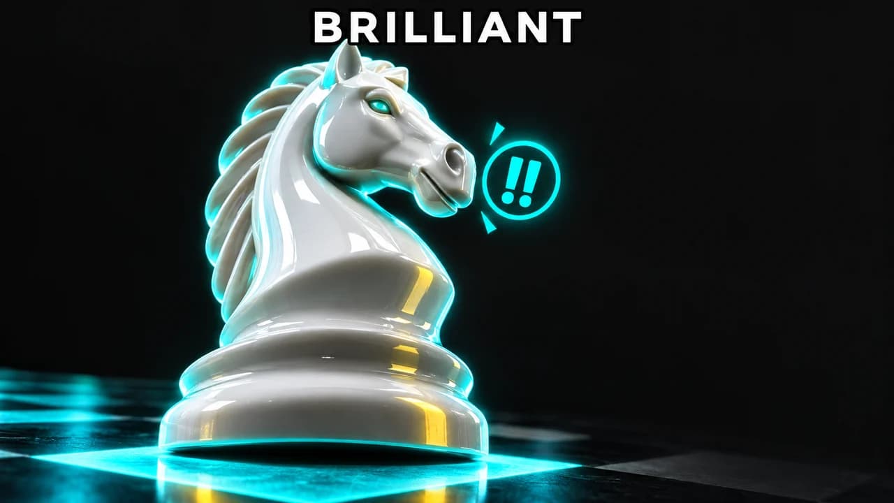 Chess thumbnail: extreme close-up of a white knight glowing teal with a small !! badge, small text BRILLIANT at the top