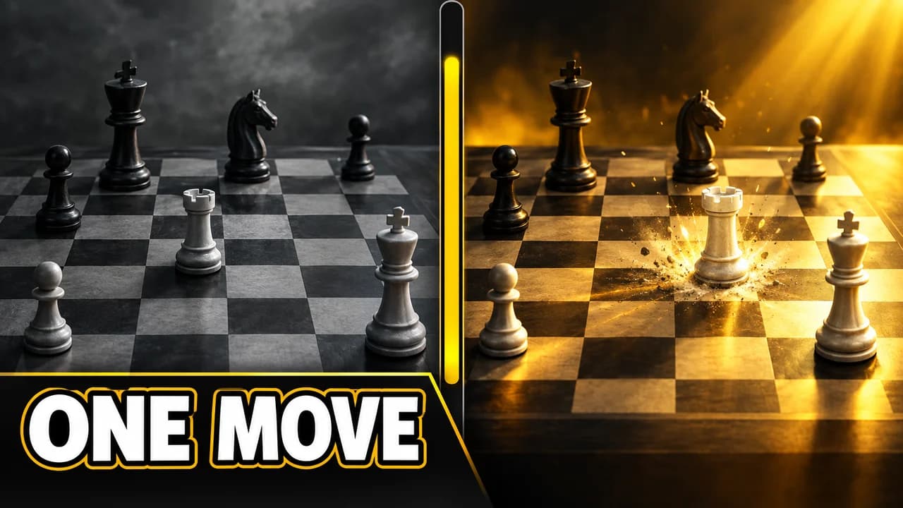 Chess thumbnail: split screen divided by an evaluation bar, gloomy position on the left, bright one after a rook move, text ONE MOVE