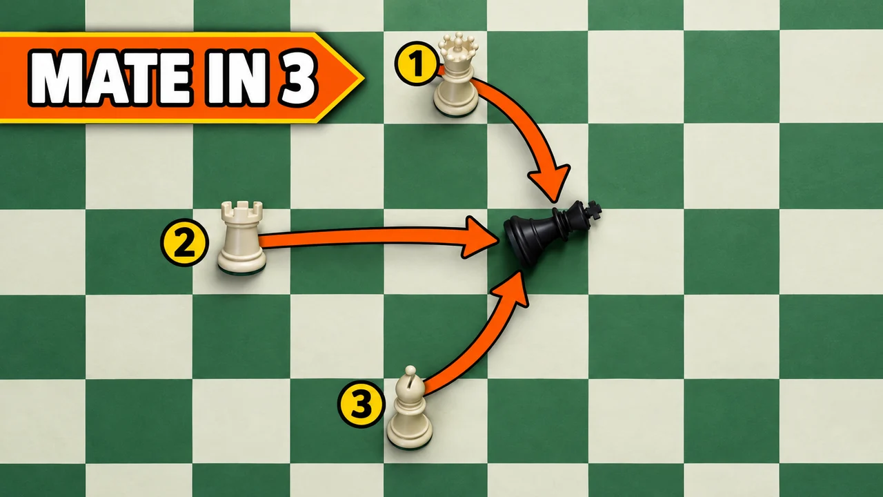 Chess thumbnail: top-down board with three numbered orange arrows leading to a tipped-over king, arrow sticker text MATE IN 3