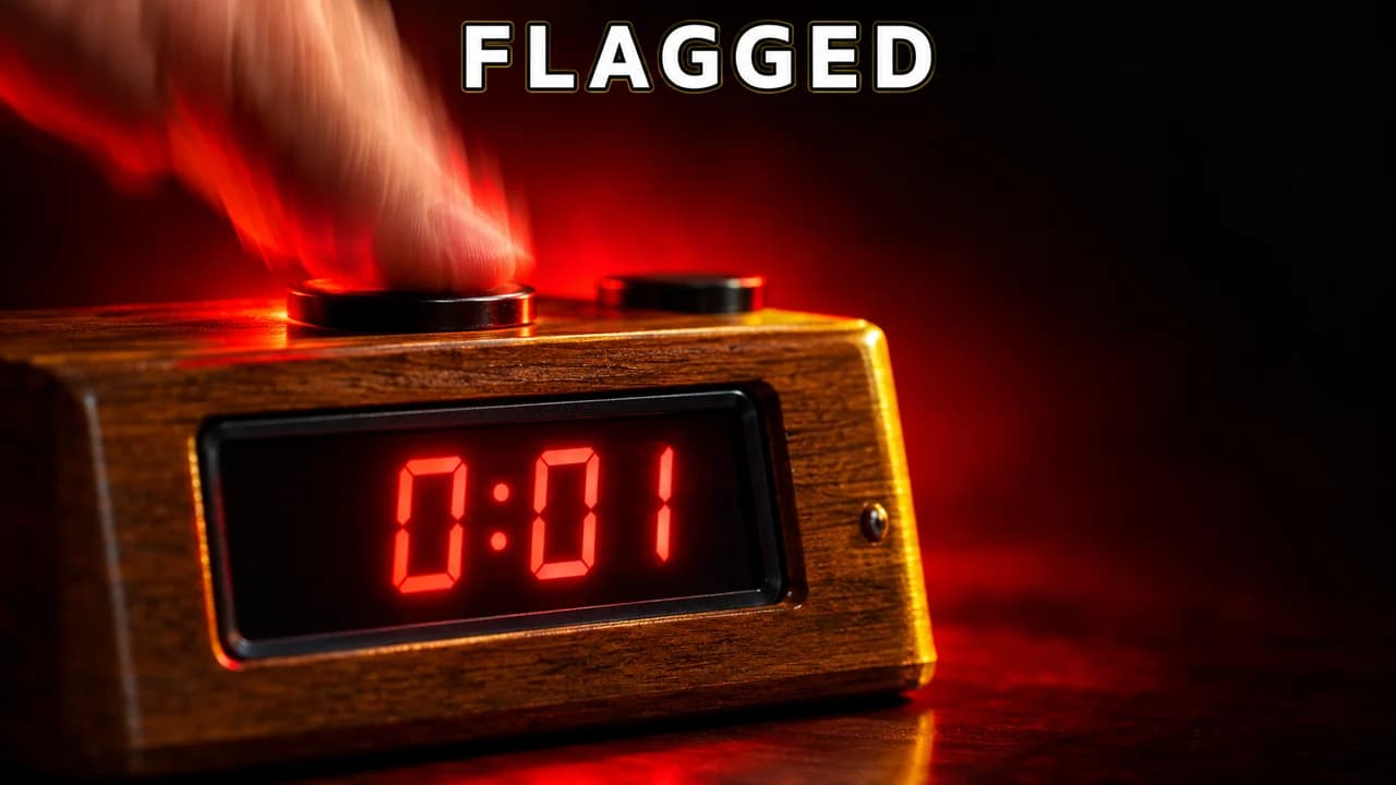 Chess blunder thumbnail: extreme close-up of a chess clock reading 0:01 in red as a hand slams it, small text FLAGGED at the top