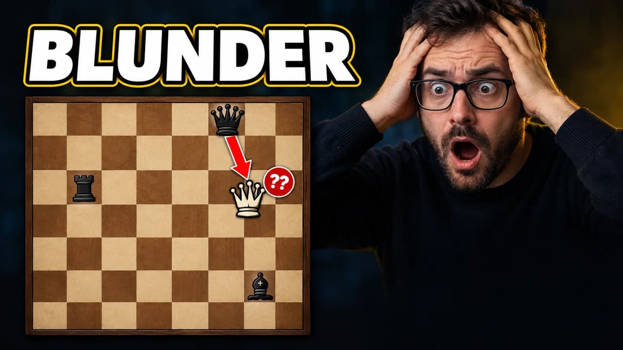 Chess blunder thumbnail: a man on the right with hands on his head beside a board with a hanging queen and a red ?? badge, text BLUNDER