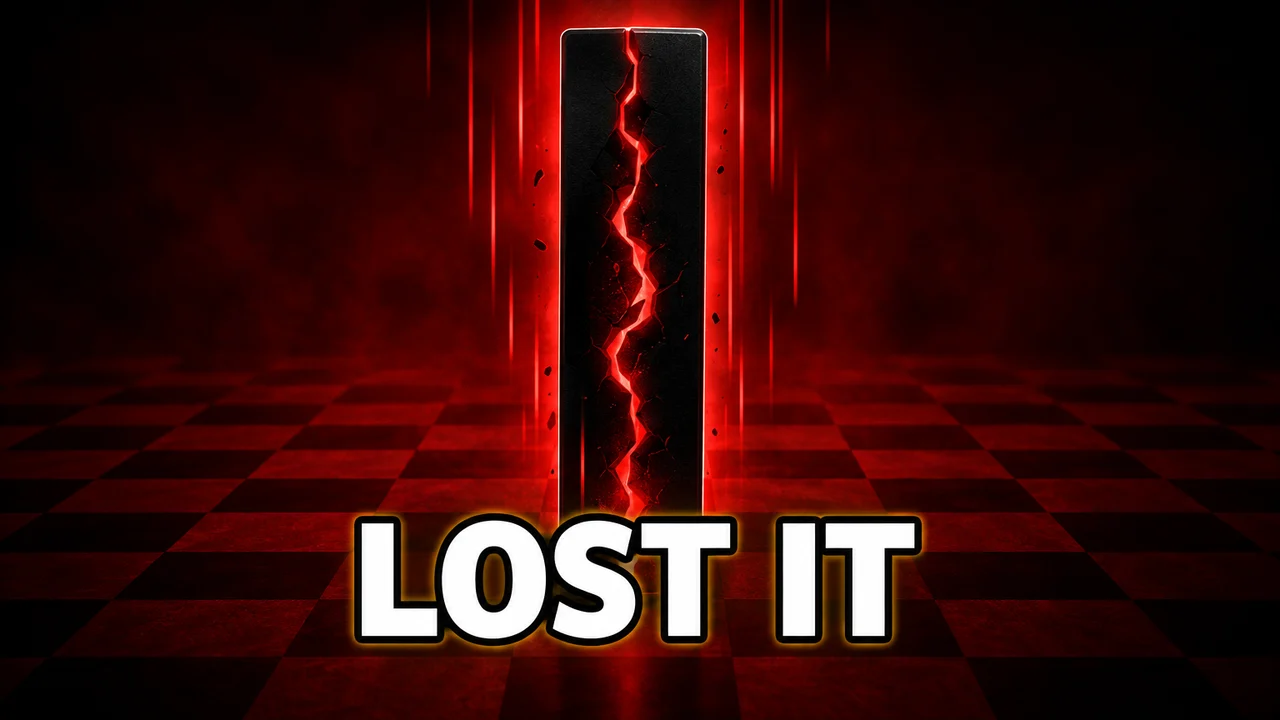 Chess blunder thumbnail: a cracked evaluation bar crashing to black in the centre of the frame, huge text LOST IT below