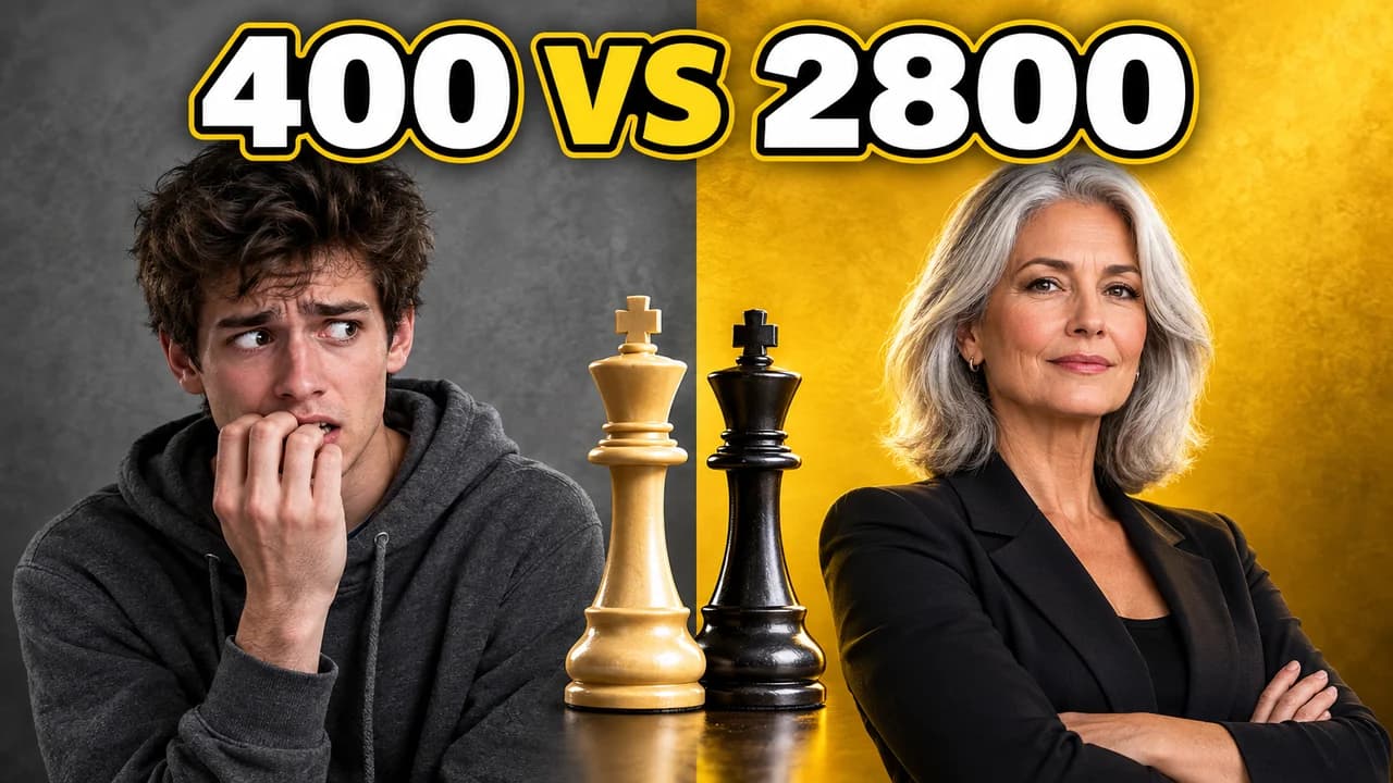 Chess rating battle thumbnail: split screen with a nervous beginner on grey and a calm expert on gold, text 400 VS 2800 across the top