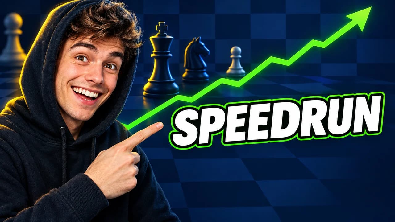 Chess speedrun thumbnail: an excited man on the left pointing at a steep green rating line, text SPEEDRUN on the right