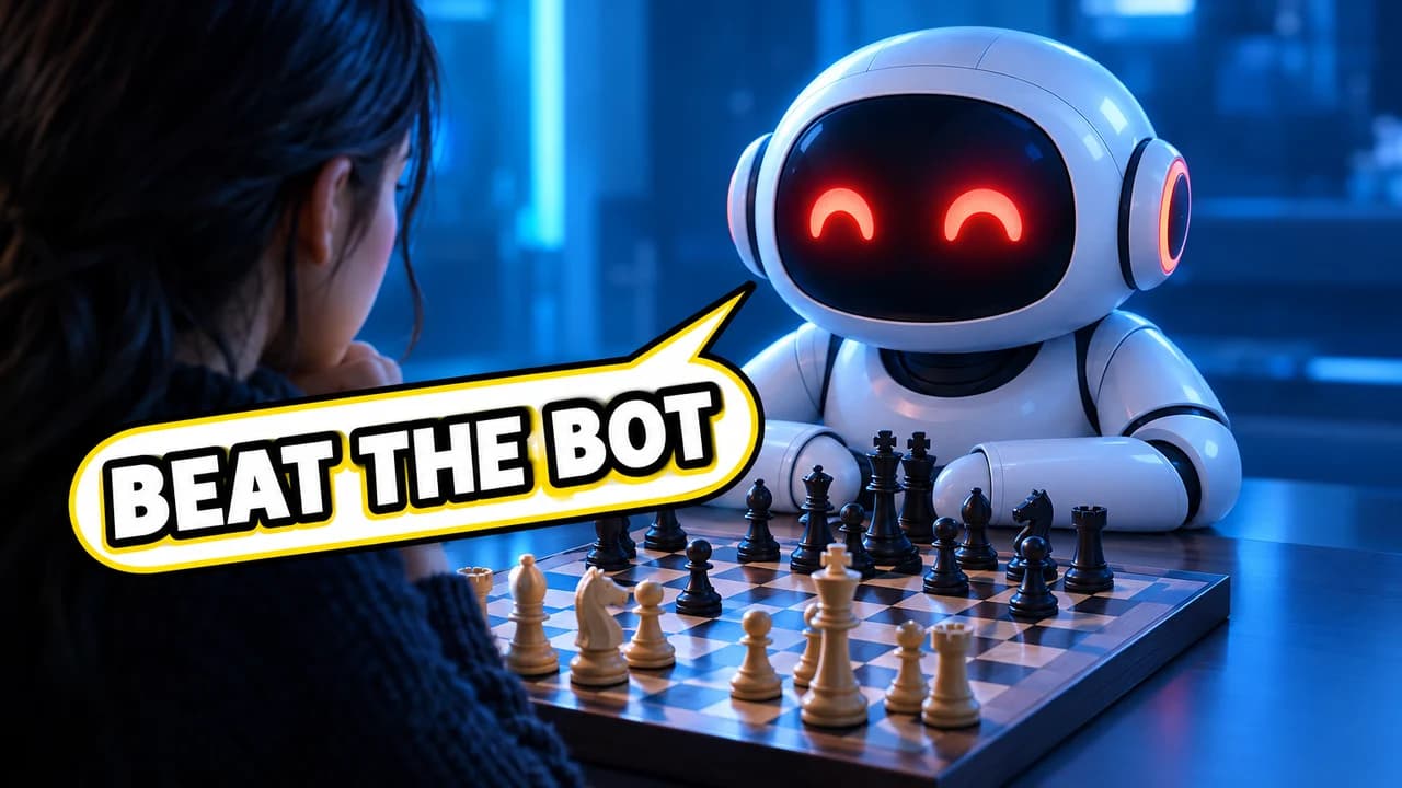 Chess thumbnail: over-the-shoulder view past a young woman toward a round white robot with red eyes, speech bubble BEAT THE BOT