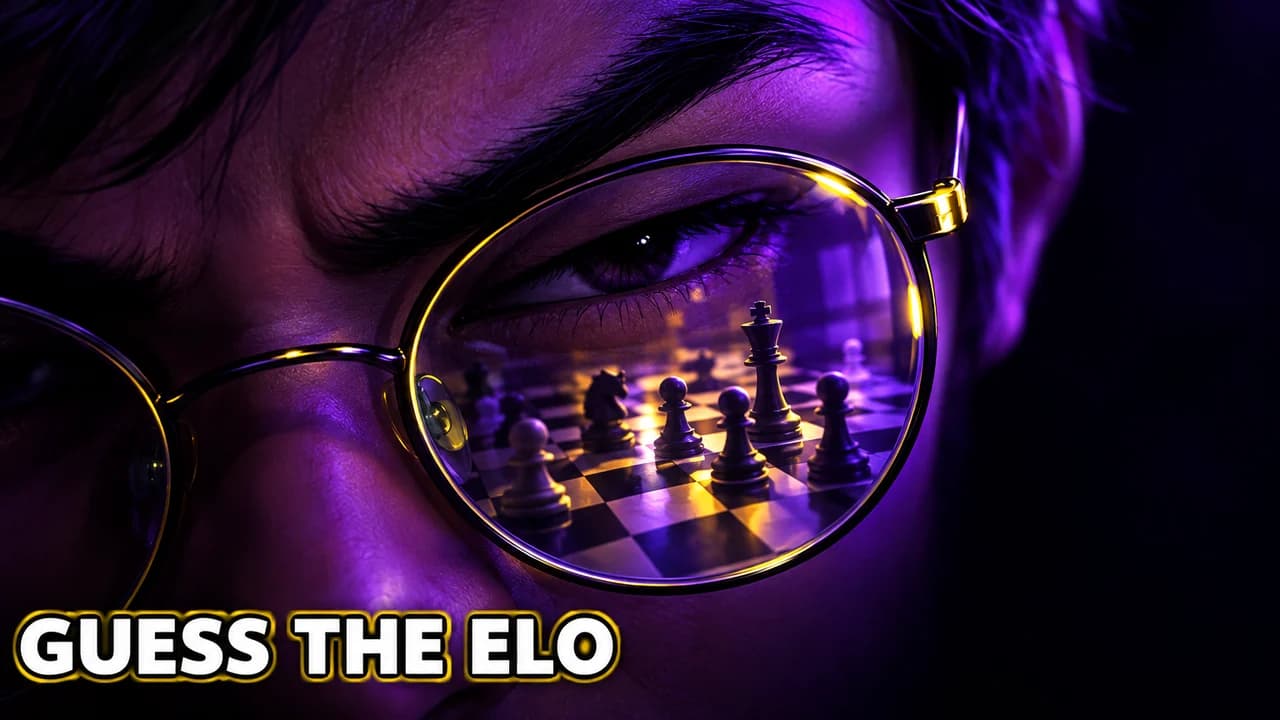 Chess thumbnail: extreme close-up of a squinting eye behind glasses with a chessboard reflected in the lens, small text GUESS THE ELO