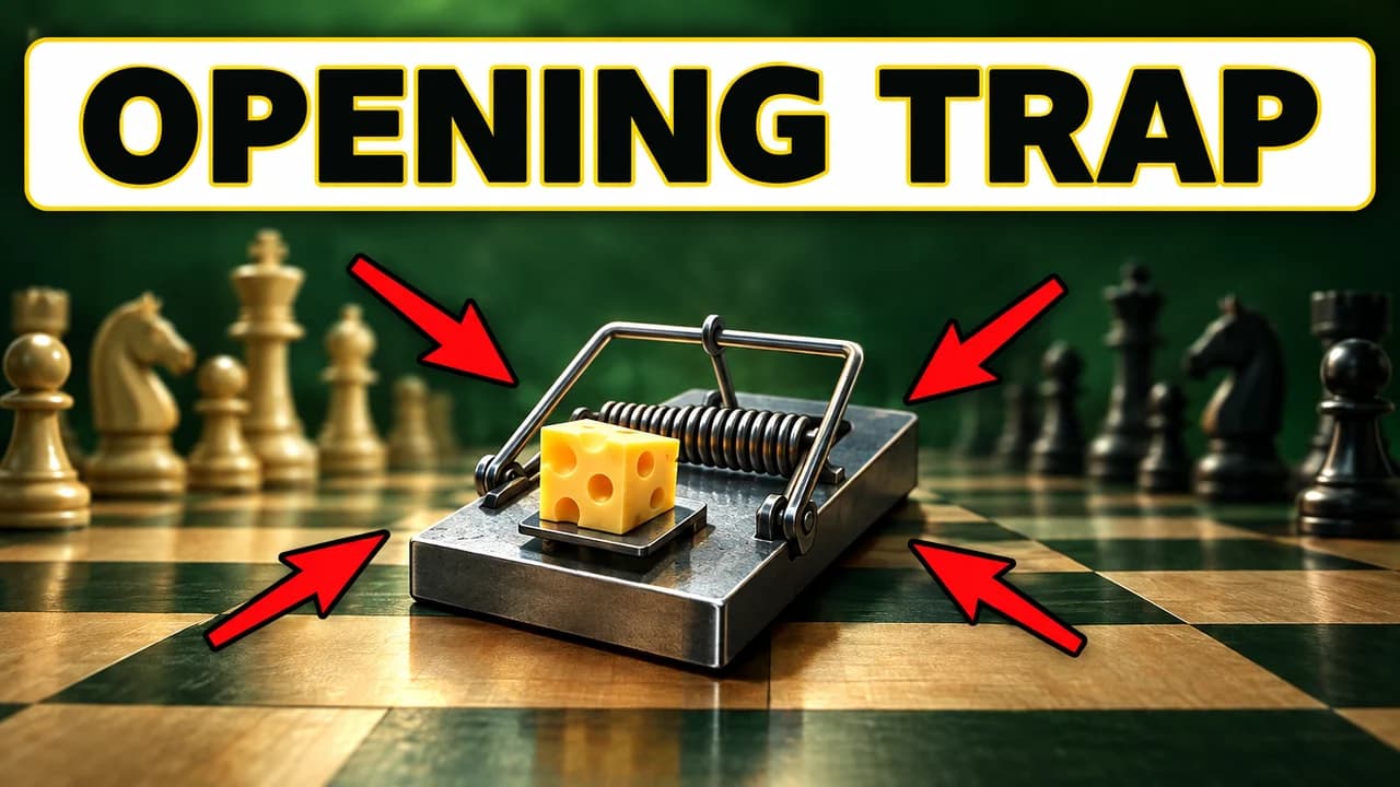 Chess opening trap thumbnail: board-level low angle on a cartoon mouse trap with cheese on a central square, banner OPENING TRAP