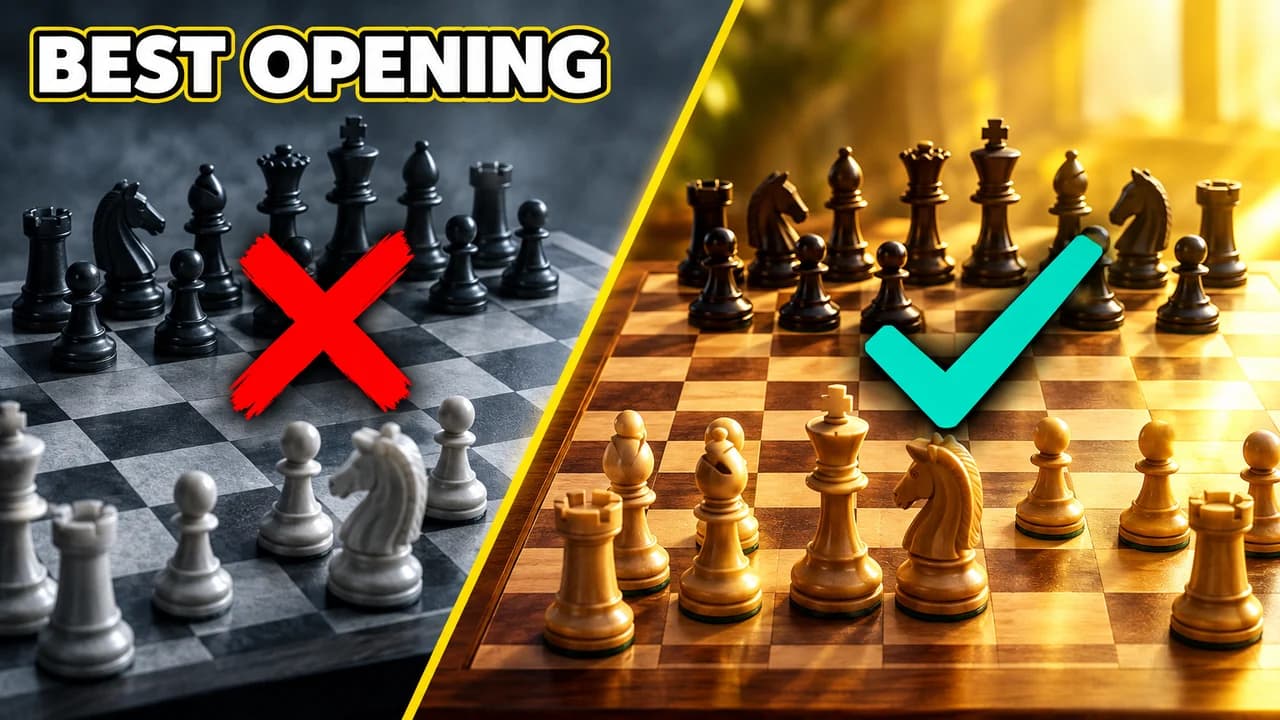Chess thumbnail: diagonal split between a grey opening crossed out in red and a gold one with a teal tick, label BEST OPENING