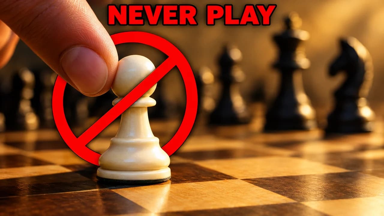 Chess thumbnail: extreme close-up of a finger pushing a pawn under a red prohibition sign, small text NEVER PLAY at the top