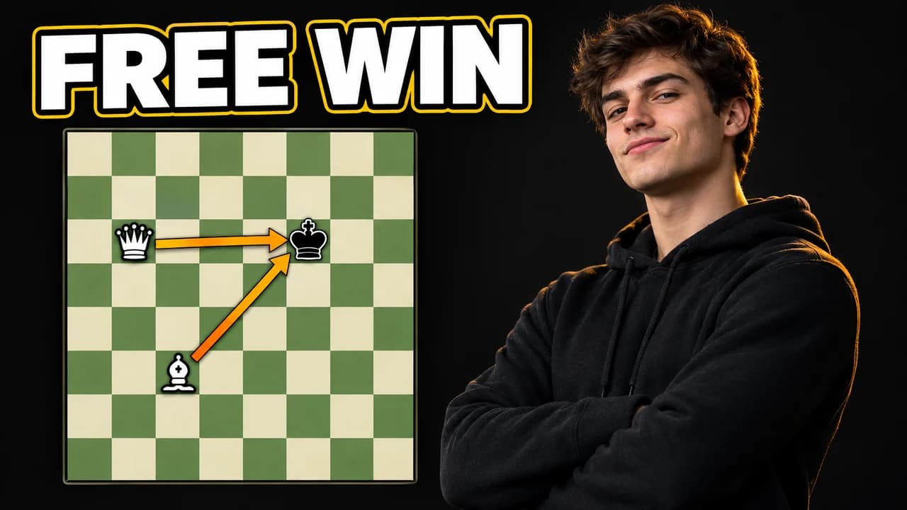 Chess thumbnail: a smug young man on the right beside a board where queen and bishop arrows meet at the king, text FREE WIN