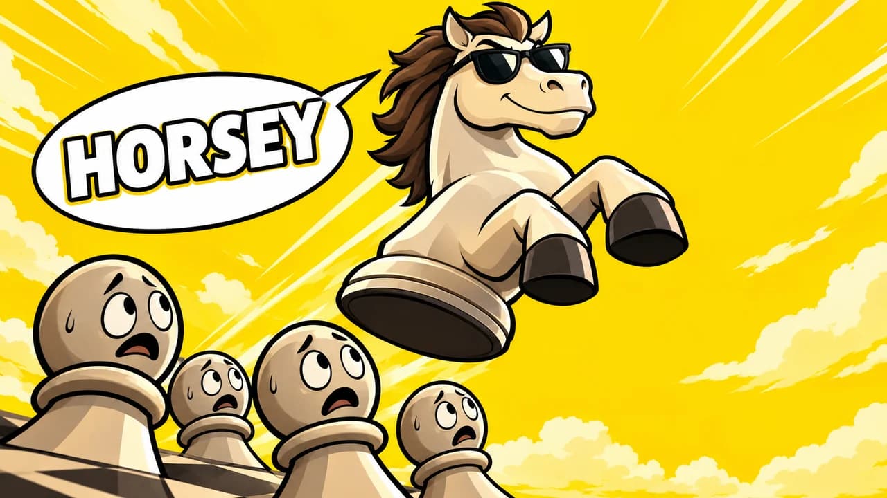 Chess meme thumbnail: low-angle shot of a cartoon knight as a smug horse in sunglasses leaping over pawns, speech bubble HORSEY