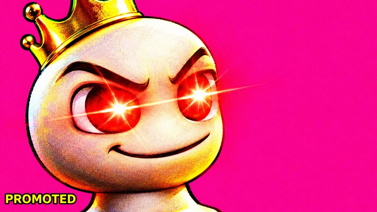 Chess meme thumbnail: extreme close-up of a cartoon pawn wearing a golden crown in deep-fried colours, small text PROMOTED