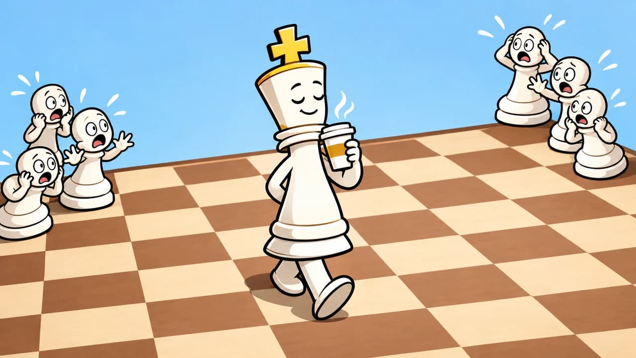 Chess meme thumbnail: a cartoon king with a coffee cup strolling in the centre of the board while pawns panic, no text