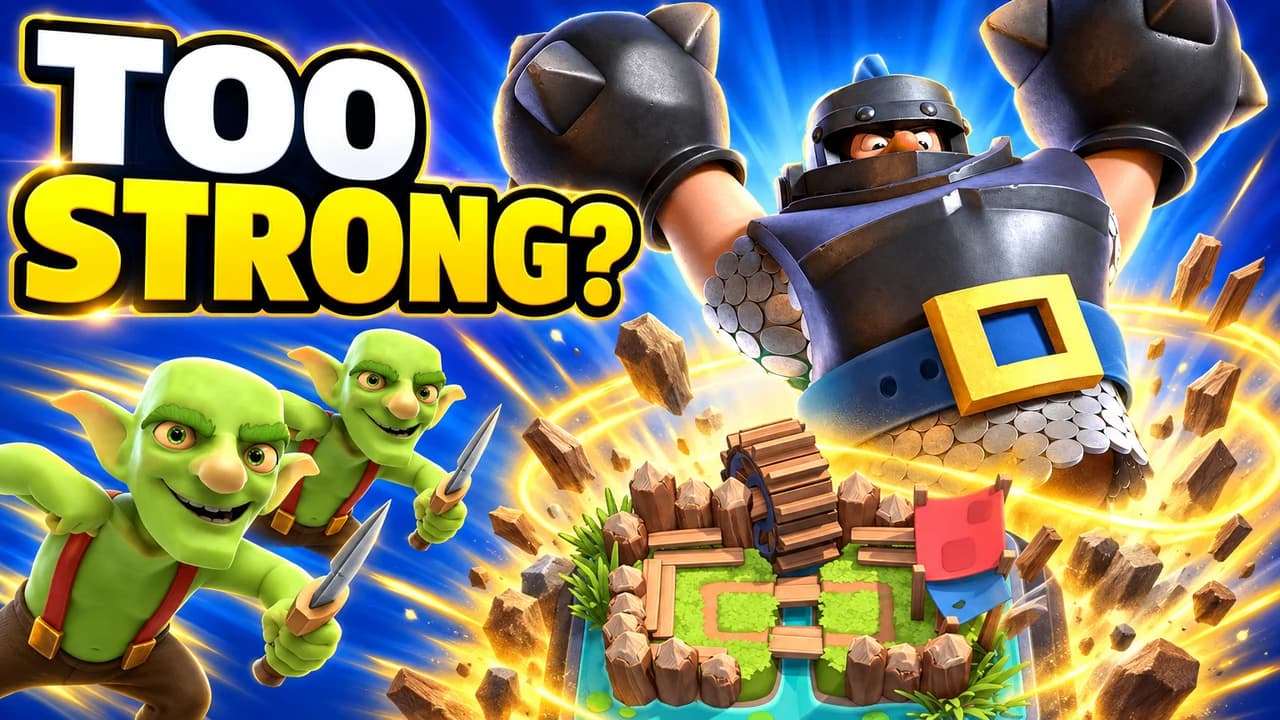 Clash Royale thumbnail: a giant Mega Knight smashing down on a small arena with rocks flying, two Goblins in front, blue glow, text TOO STRONG?