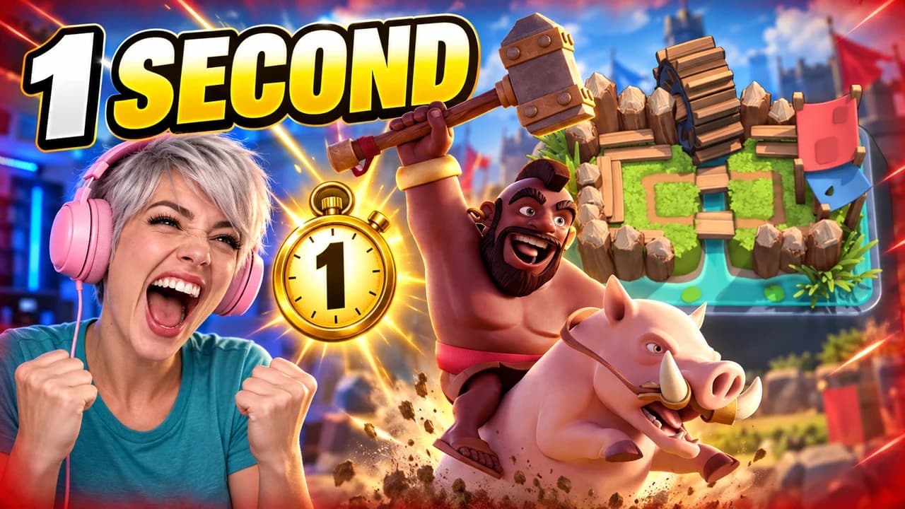 Clash Royale thumbnail: an invented streamer in pink headphones cheering, the Hog Rider charging past a gold stopwatch showing 1, text 1 SECOND