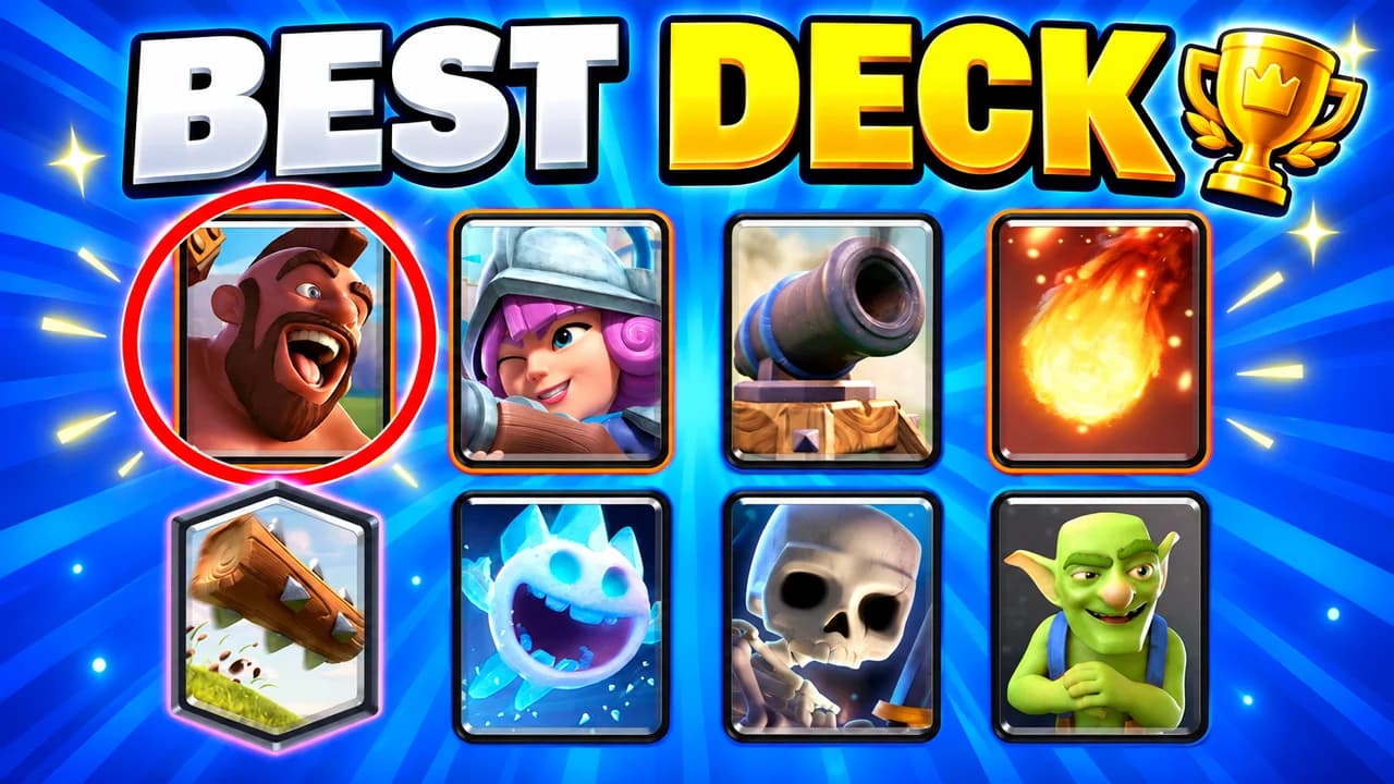 Clash Royale thumbnail: eight cards, Hog Rider circled in red, Musketeer, Cannon, Fireball, Log, Ice Spirit, Skeletons and Goblins, text BEST DECK