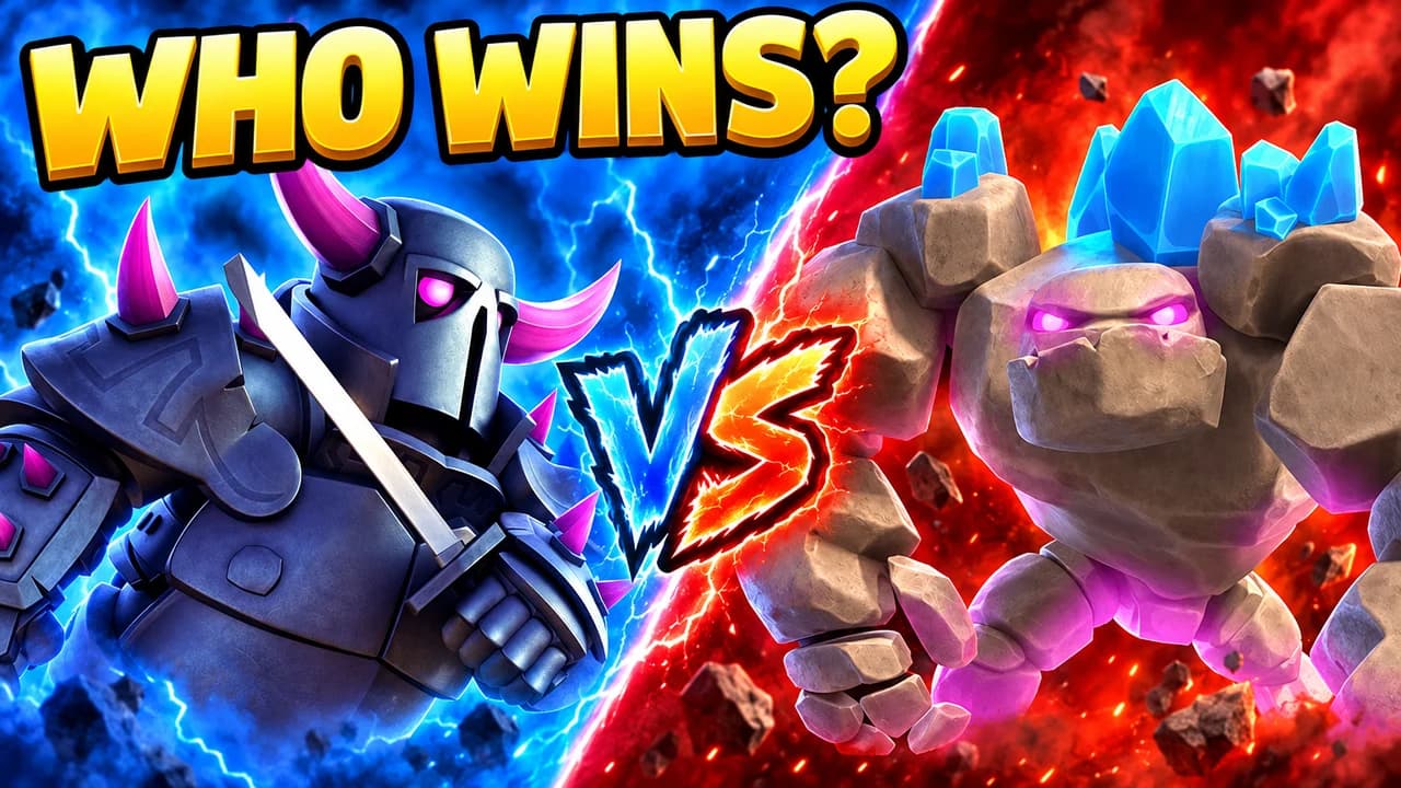 Clash Royale thumbnail: P.E.K.K.A on a blue lightning half and Golem on a red fire half, a VS badge between them, text WHO WINS?