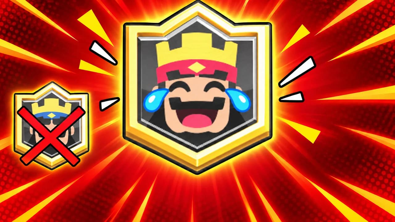 Clash Royale thumbnail: a big gold badge of the King laughing with tears, a small blue King badge crossed out in red, red burst background, no text