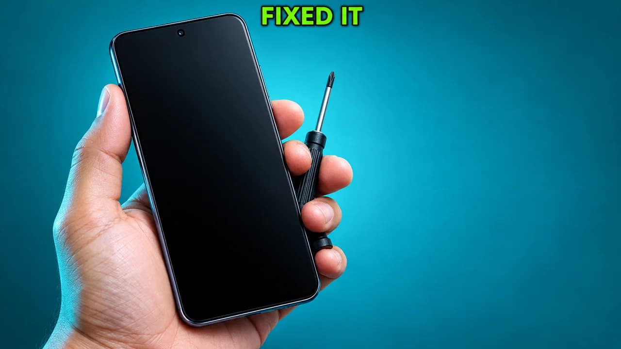 Clickbait thumbnail, proof layout: extreme close-up of a hand holding a phone with a spotless new screen, small text FIXED IT