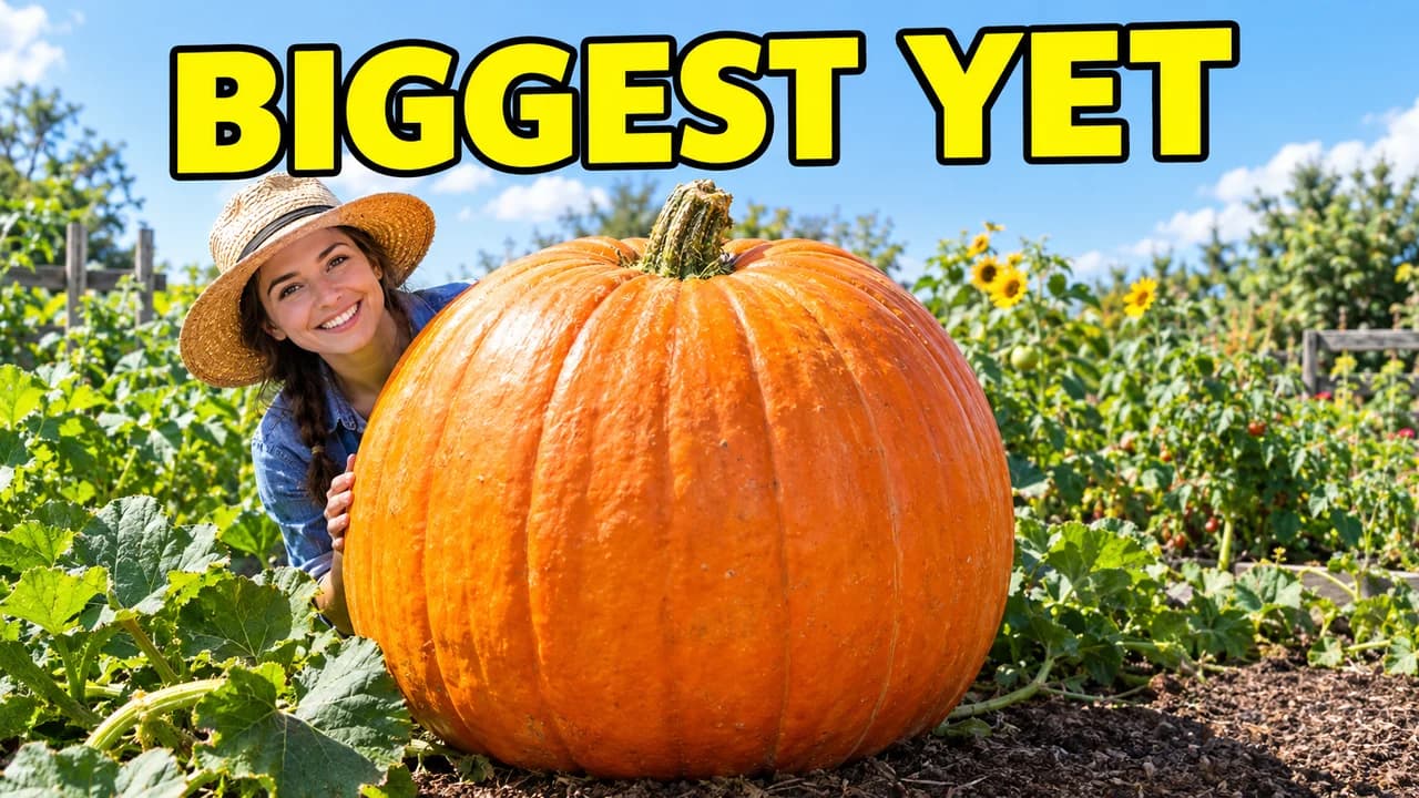 Clickbait thumbnail, proof layout: a giant pumpkin in the centre of a sunny garden, a woman peeking from behind, huge text BIGGEST YET
