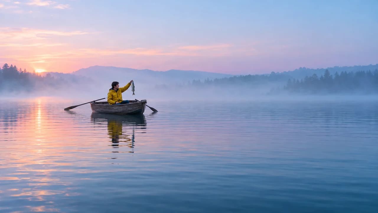 Clickbait thumbnail, proof layout: wide shot of a misty lake at dawn with a tiny boat where a man lifts a silver fish, no text