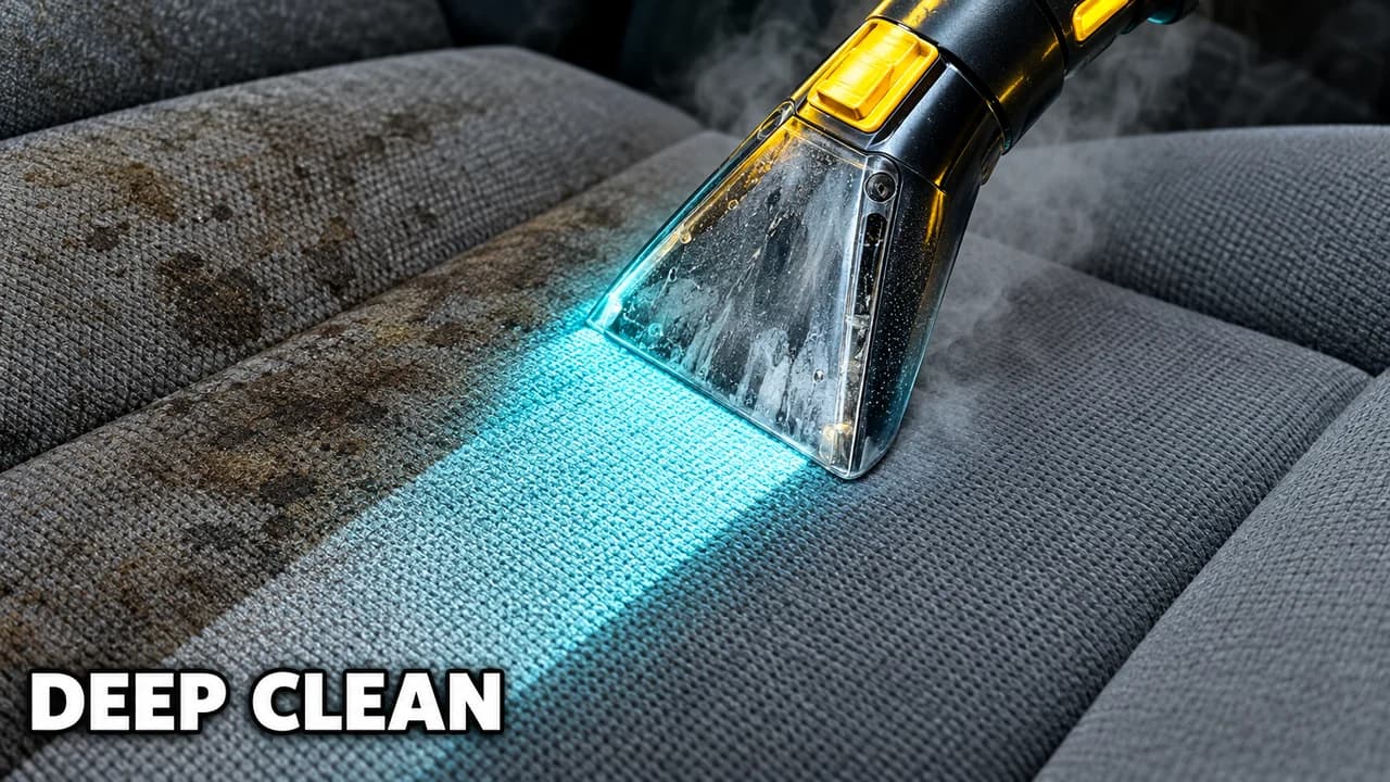 Clickbait thumbnail, before and after layout: extreme close-up of a steam cleaner cutting a clean stripe through a stained seat, text DEEP CLEAN