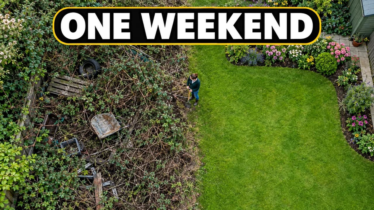 Clickbait thumbnail, before and after layout: drone view of a yard half overgrown and half neat, a tiny woman with a shovel, banner ONE WEEKEND