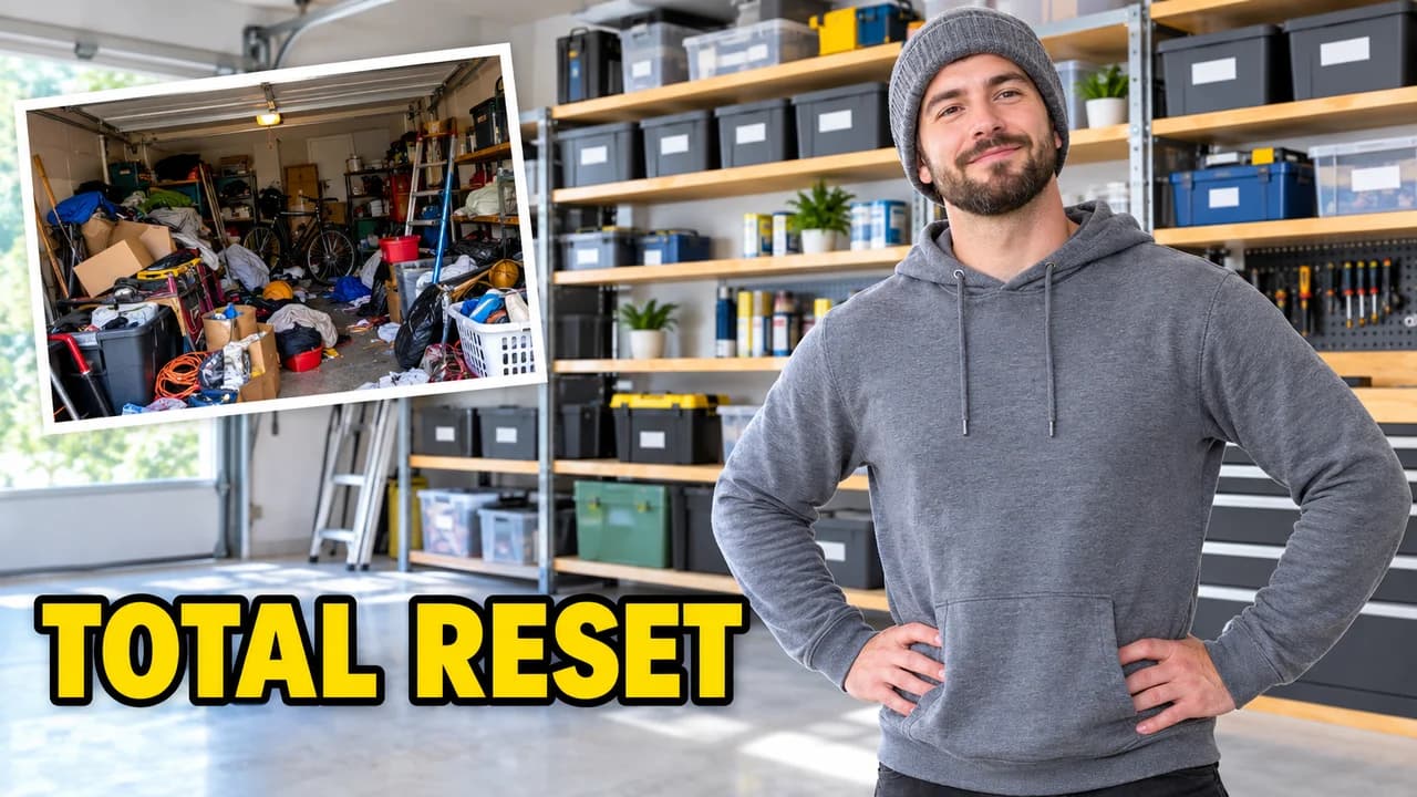 Clickbait thumbnail, before and after layout: a man on the right in a tidy garage, a small photo of the messy before, text TOTAL RESET