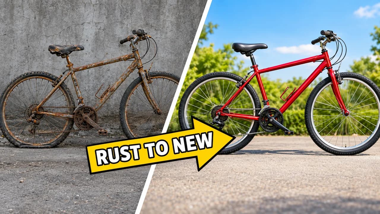 Clickbait thumbnail, before and after layout: diagonal split from a rusty bicycle to a glossy red restored one, arrow text RUST TO NEW