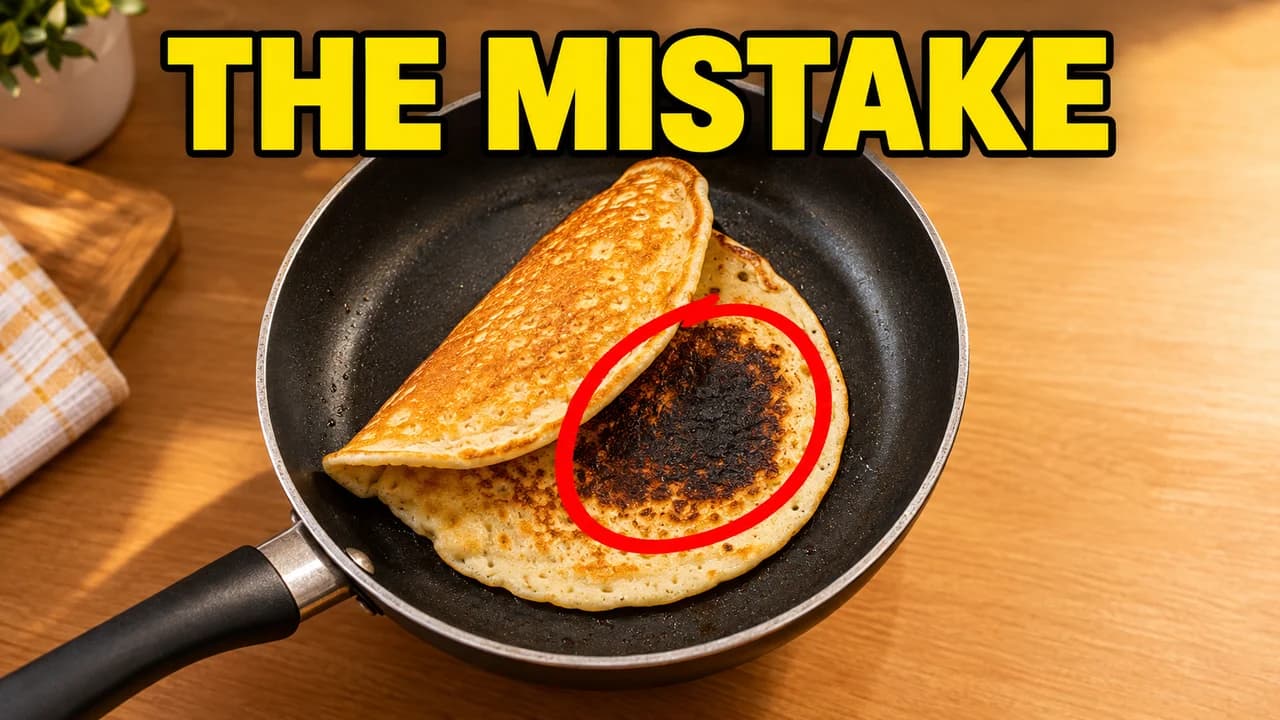 Clickbait thumbnail, red circle layout: a frying pan in the centre with a burnt spot under a pancake circled in red, huge text THE MISTAKE